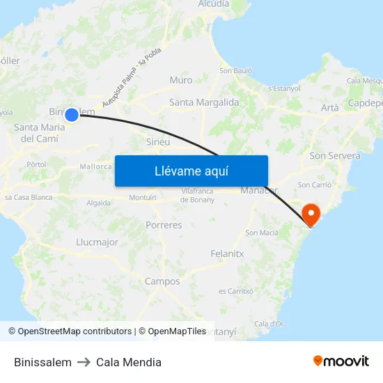 Binissalem to Cala Mendia map