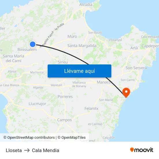 Lloseta to Cala Mendia map