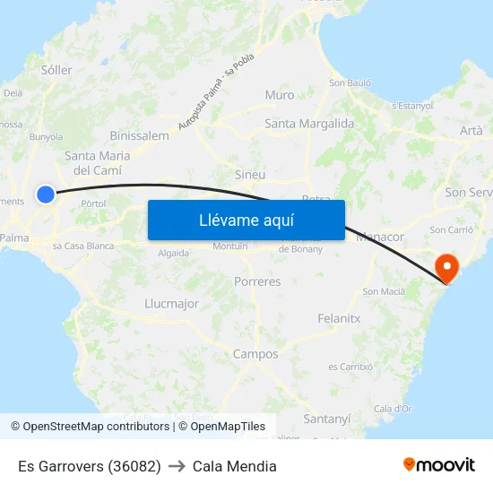 Es Garrovers (36082) to Cala Mendia map
