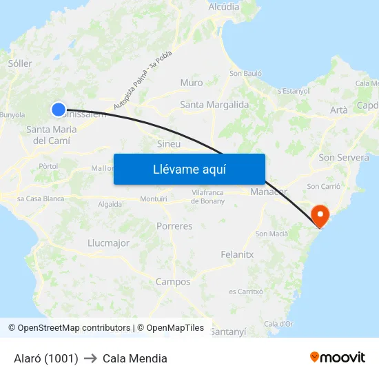 Alaró (1001) to Cala Mendia map