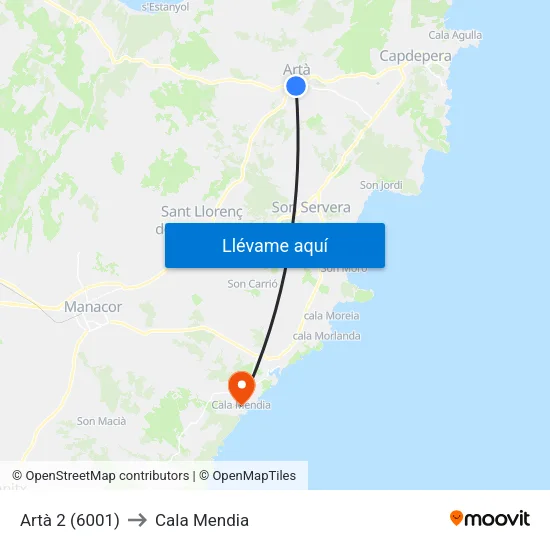 Artà 2 (6001) to Cala Mendia map