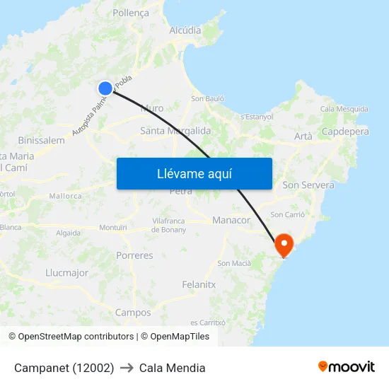 Campanet (12002) to Cala Mendia map