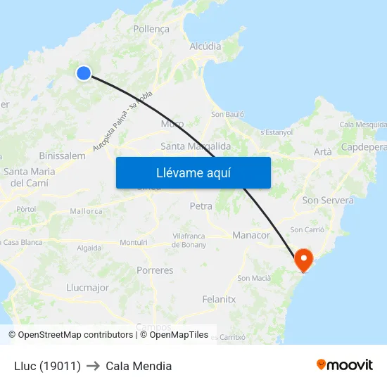 Lluc (19011) to Cala Mendia map