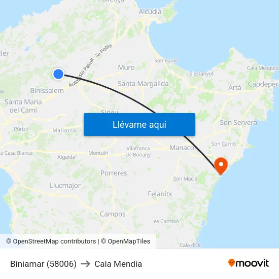 Biniamar (58006) to Cala Mendia map