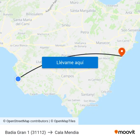 Badia Gran 1 (31112) to Cala Mendia map