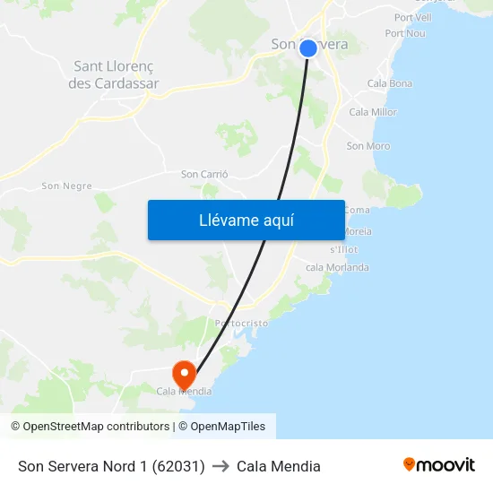 Son Servera Nord 1 (62031) to Cala Mendia map