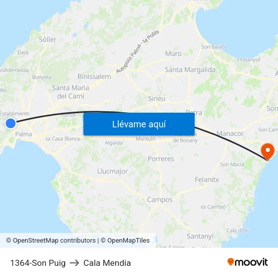 1364-Son Puig to Cala Mendia map