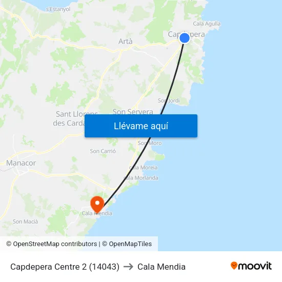 Capdepera Centre 2 (14043) to Cala Mendia map