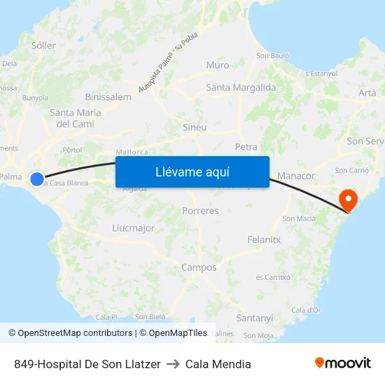 849-Hospital De Son Llatzer to Cala Mendia map