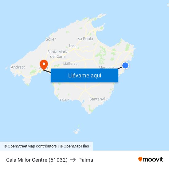 Cala Millor Centre (51032) to Palma map
