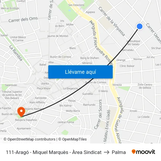111-Aragó - Miquel Marquès - Àrea Sindicat to Palma map