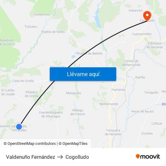 Valdenuño Fernández to Cogolludo map