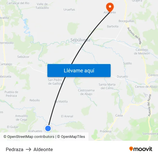 Pedraza to Aldeonte map