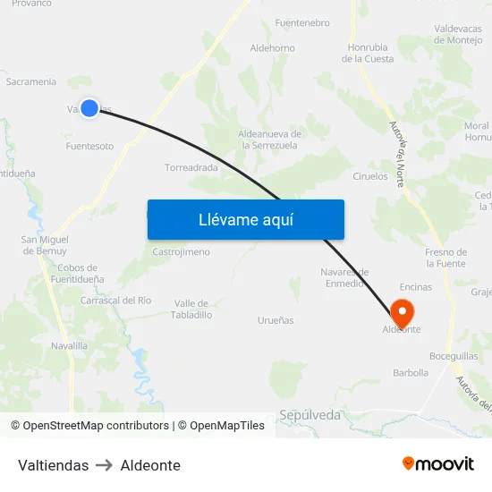 Valtiendas to Aldeonte map