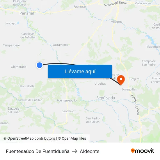 Fuentesaúco De Fuentidueña to Aldeonte map