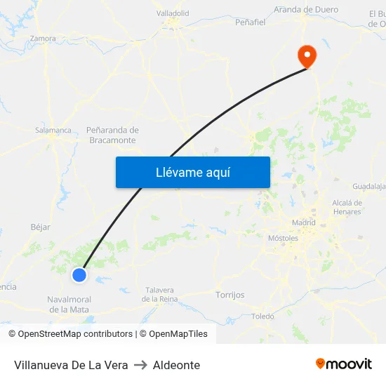 Villanueva De La Vera to Aldeonte map