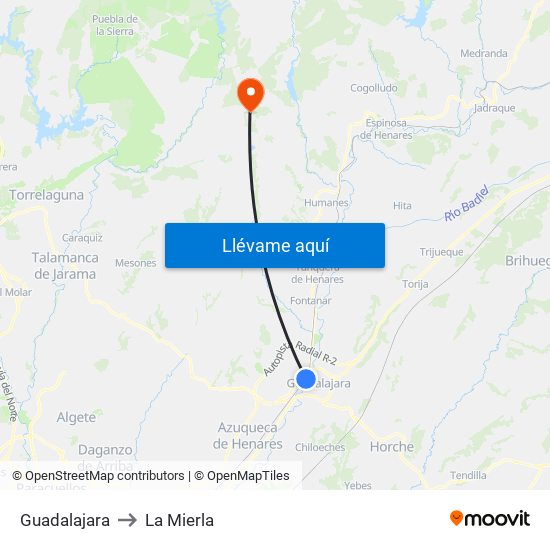 Guadalajara to La Mierla map