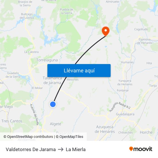 Valdetorres De Jarama to La Mierla map