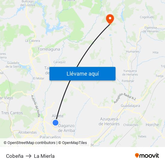 Cobeña to La Mierla map