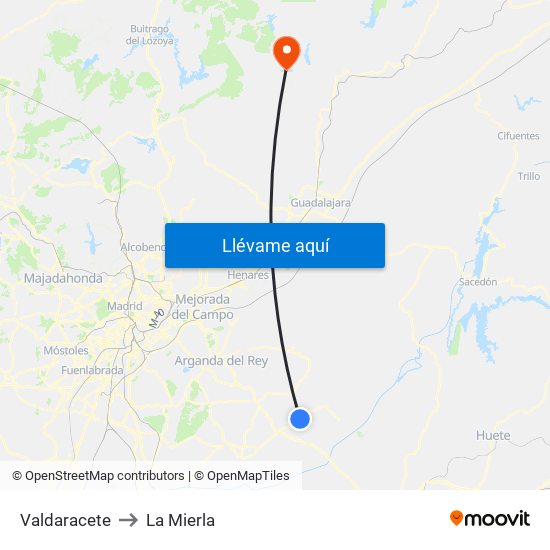 Valdaracete to La Mierla map