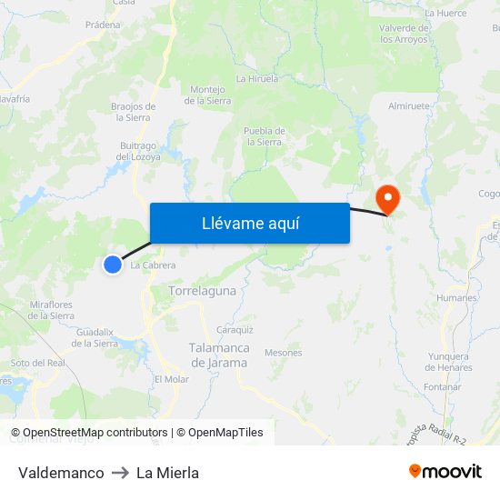 Valdemanco to La Mierla map