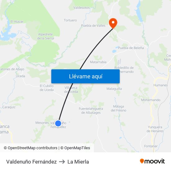 Valdenuño Fernández to La Mierla map