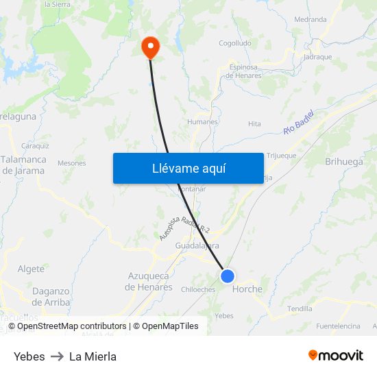 Yebes to La Mierla map