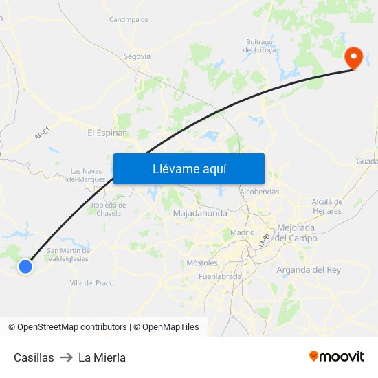 Casillas to La Mierla map