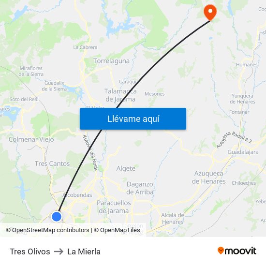 Tres Olivos to La Mierla map