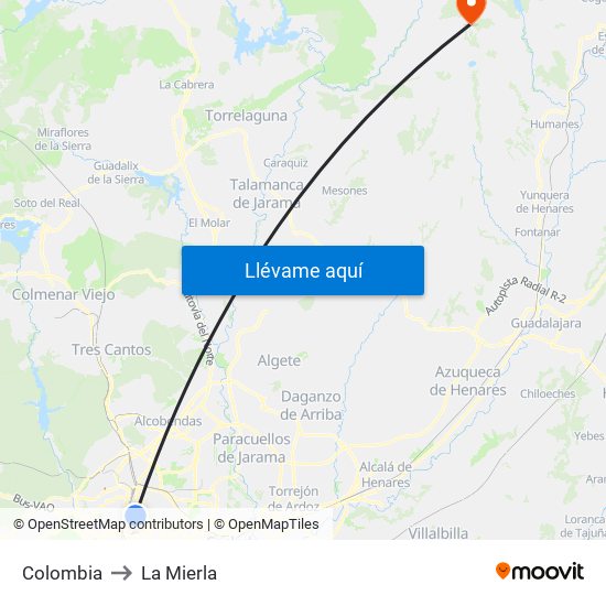 Colombia to La Mierla map