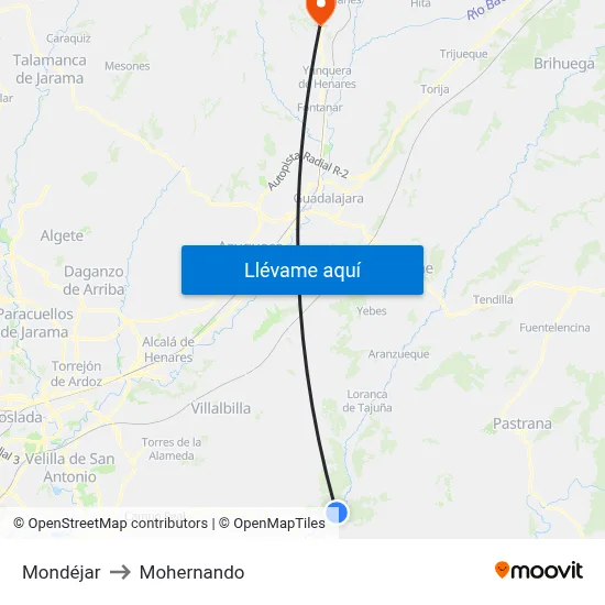 Mondéjar to Mohernando map