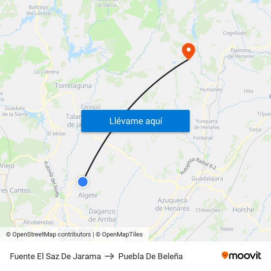 Fuente El Saz De Jarama to Puebla De Beleña map