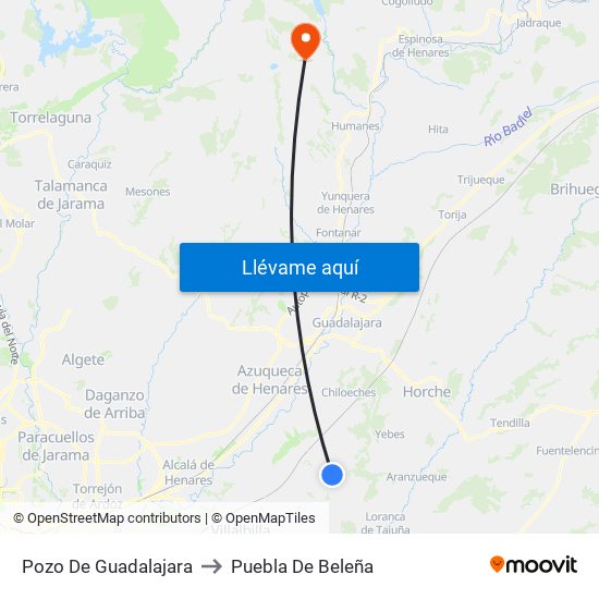 Pozo De Guadalajara to Puebla De Beleña map