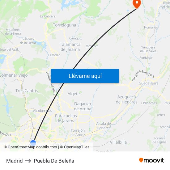 Madrid to Puebla De Beleña map