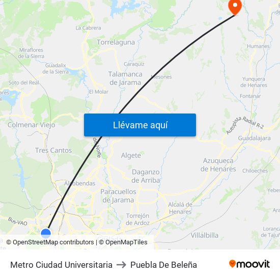 Metro Ciudad Universitaria to Puebla De Beleña map