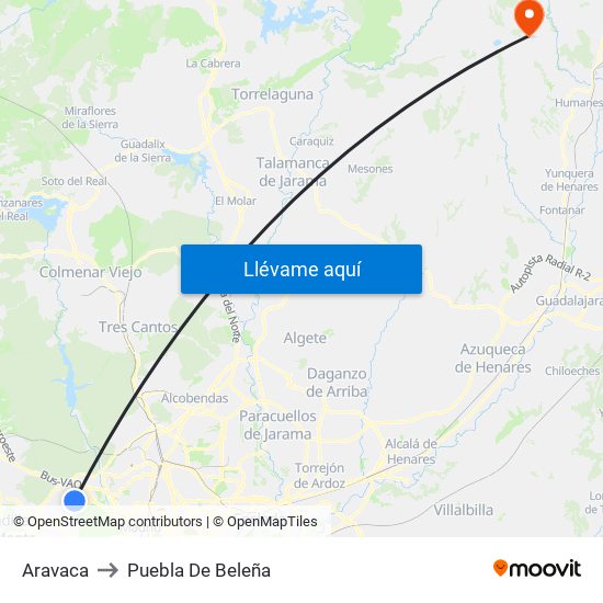 Aravaca to Puebla De Beleña map