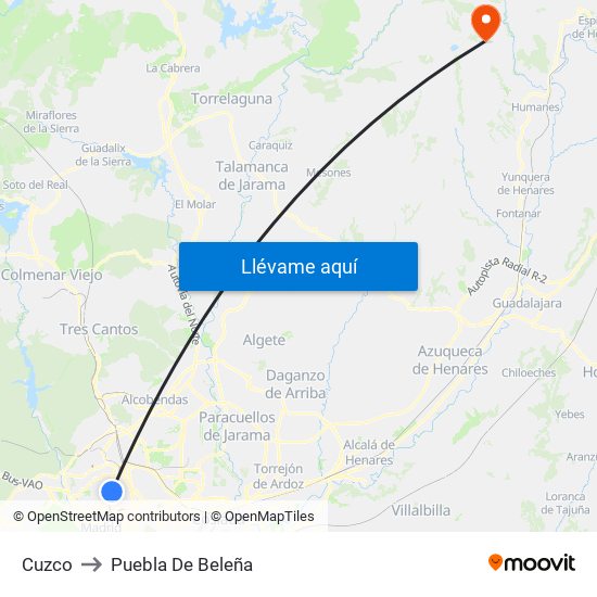Cuzco to Puebla De Beleña map