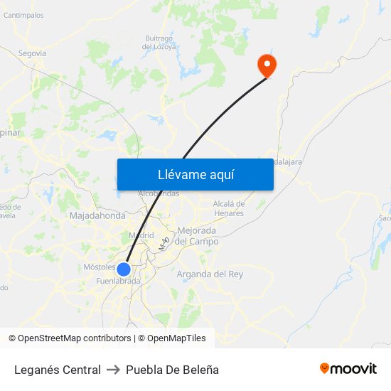 Leganés Central to Puebla De Beleña map