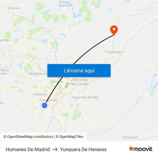 Humanes De Madrid to Yunquera De Henares map