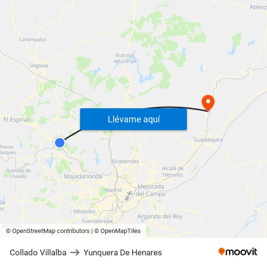Collado Villalba to Yunquera De Henares map
