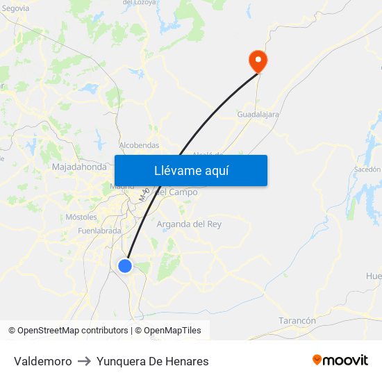 Valdemoro to Yunquera De Henares map