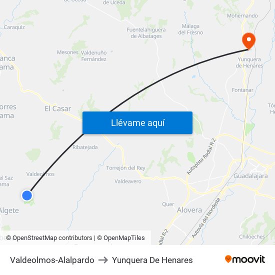 Valdeolmos-Alalpardo to Yunquera De Henares map