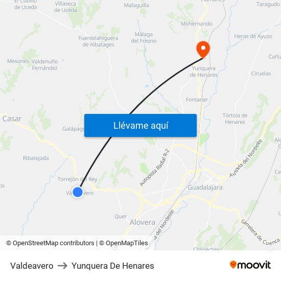 Valdeavero to Yunquera De Henares map