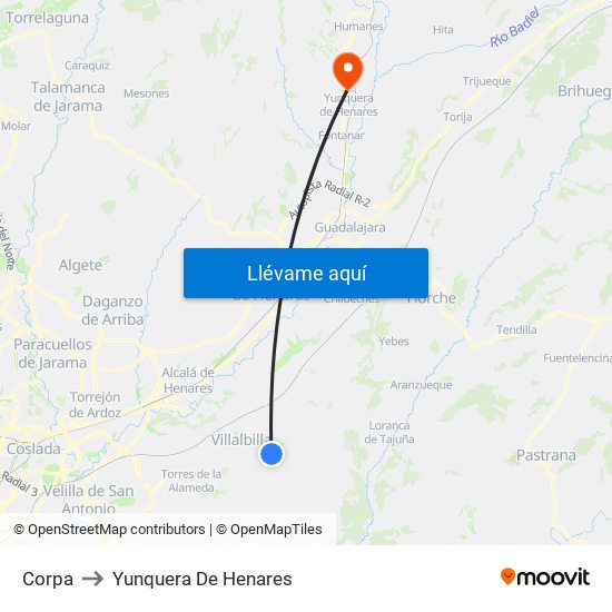 Corpa to Yunquera De Henares map