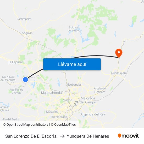 San Lorenzo De El Escorial to Yunquera De Henares map