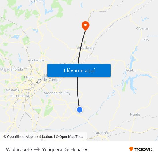 Valdaracete to Yunquera De Henares map
