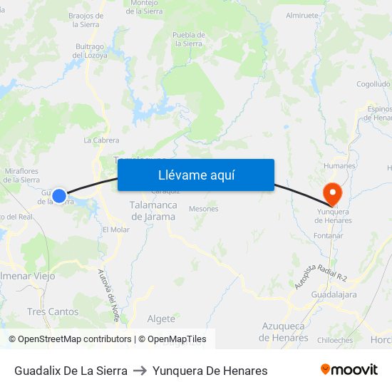 Guadalix De La Sierra to Yunquera De Henares map