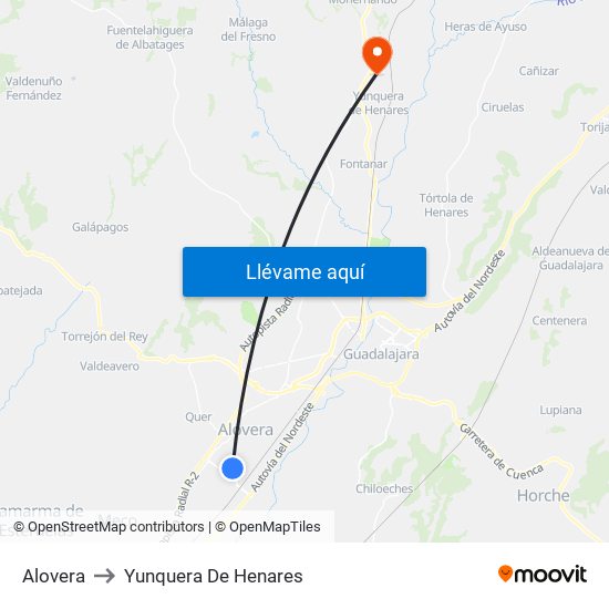 Alovera to Yunquera De Henares map