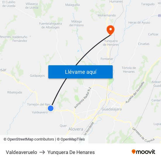 Valdeaveruelo to Yunquera De Henares map