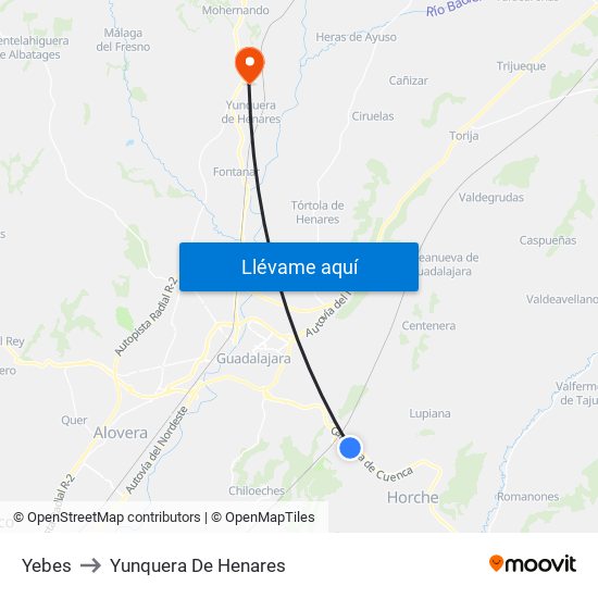 Yebes to Yunquera De Henares map